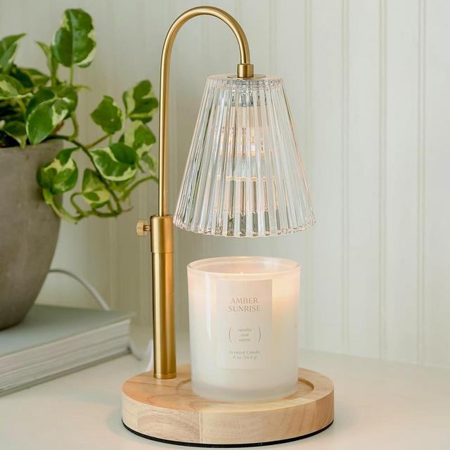 Flameless Candle Warmer Lamp for Jar Candles Large & Small – Dimmable Lamp Candle Warmer Electric with Large Round Wood Base & Adjustable Height – Candle Melter with Timer and 4 Halogen Light Bulbs