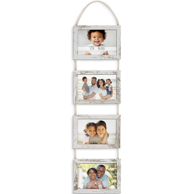Icona Bay - 4x6 Wall Hanging Picture Frames Collage with 4 Openings - Distressed White - Casual Style Engineered Wood Frames - Wall Mount Only - Bliss Collection