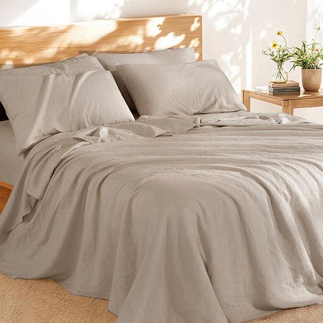 Shilucheng 100% French Linen Sheets - King Size Bed Sheets, Breathable & Cooling Pure Linen Sheets,Soft Durable and Tear Resistant -16 Inch Deep Pocket - 6Pcs (Linen, King)