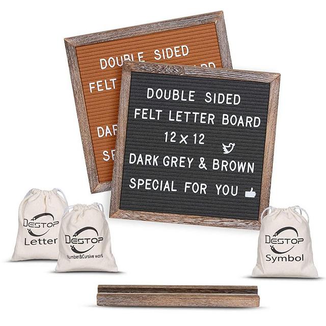 Double Sided Felt Letter Board 12x12 inch,Changeable Message Board with Rustic Frame and Block Stand,643 Pre-cut Letters,Numbers,Symbols,Cursive Words,Metal Hook,Canvas Bag