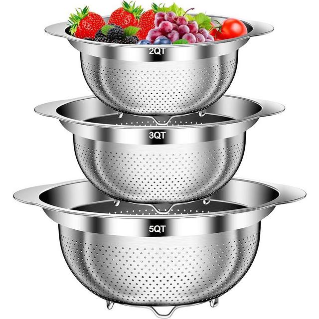 Colander, Stainless Steel Colander for Kitchen, 3Pcs Kitchen Gadget Food Strainer Basket with Handle, Kitchen Strainer Colanders Bowl for Pasta Noodles Spaghetti Vegetables Fruit (2QT, 3QT, 5QT)