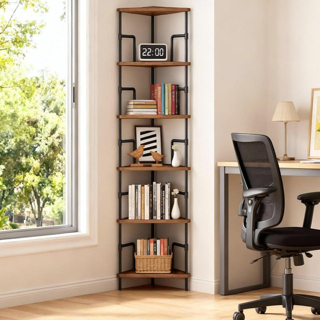 MAHANCRIS 65" Corner Shelf, 6-Tier Industrial Corner Bookshelf with Metal Frame, Small Plant Stand, Display Shelf for Living Room, Bedroom, Home Office, Small Spaces, Rustic Brown CSHR6601
