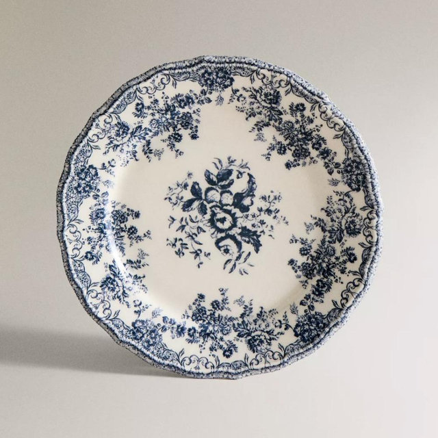 FLORAL EARTHENWARE DESSERT PLATE - BLUE