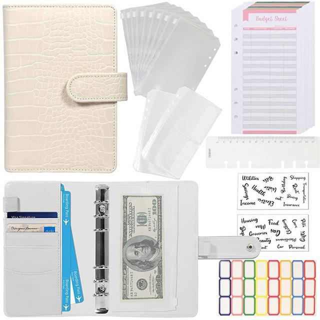 Budget Binder with Zipper Envelopes - Crocodile Pattern Leather Money Organizer, Cash Saving Book Budgeting Planner, Cash Stuffing Folder Envelope System, A6 Bill Binders with Pockets, Beige