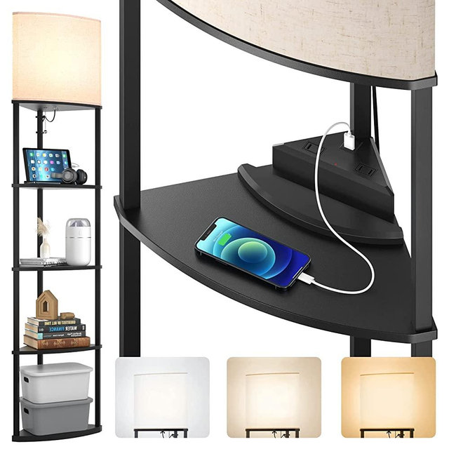 addlon 5-Tier Corner Shelf Floor Lamp, Sector Floor Lamp with Type C , USB Port and 3CCT LED Bulb, Modern Display Floor Lamp for Bedroom, Living Room, Office - Black