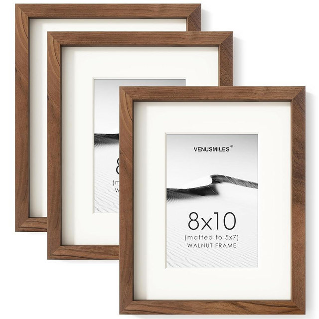 8x10 Picture Frame Set of 3, USA-Sourced Natural Walnut Wood Photo Collage Frame with HD Tempered Glass, Modern Simple 8 x 10 Wooden Frame Matted to 5x7 Gallery Frames for Art Wall or Tabletop Display