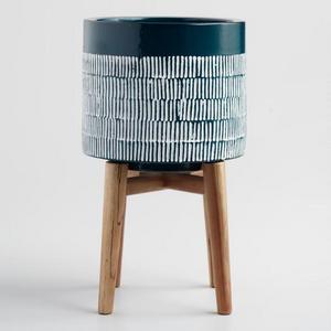 Dark Turquoise Ceramic Planter with Wood Stand