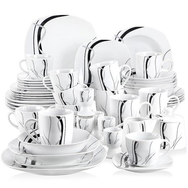 VEWEET, Series Fiona, 50-Piece Plates and Bowls Sets for 6, Including Porcelain Dishes Sets, Bowls, Mugs, Egg Cups, Cup and Saucer Set, Milk Jug and Sugar Pot Set, Microwave and Dishwasher Safe