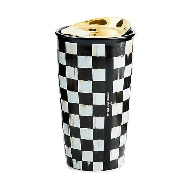 MACKENZIE-CHILDS Ceramic Travel Cup, Cute Tumbler Cup with Lid, 12 Ounces, Black-and-White Courtly Check