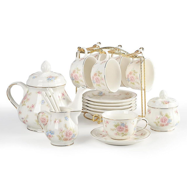 Sweejar 23 Pcs Floral Tea Sets with Metal Holder, Relief Gold Rim Porcelain Tea Sets for Adults, Cup and Saucer Set for 6, with Teapot, Sugar Bowl, Milk Jug, Spoons (Small Flower)