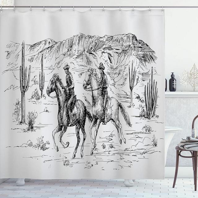 Ambesonne Western Shower Curtain, Country Theme Hand Drawn Illustration of American Wild West Desert with Cowboys, Cloth Fabric Bathroom Decor Set with Hooks, 69" W x 84" L, Charcoal Grey