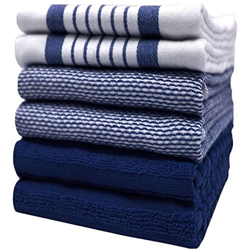 Premium Kitchen Towels (20”x 28”, 6 Pack) – Large Cotton Kitchen Hand Towels – Striped Flat & Terry Towel – Highly Absorbent Tea Towels Set with Hanging Loop – Navy Blue