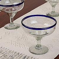 Margaritas Handblown Glass Blue Cocktail Drinkware Set of 4, "Happy Hour"