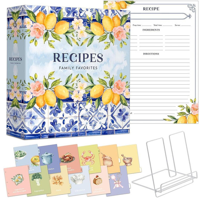 Recipe Binder with 50 Plastic Sleeves, 30 Recipe Pages, 12 Dividers & Book Stand – 3-Ring Binder for Family Favorites – 11x12 Floral Lemon Tile Design – Includes Protective Box