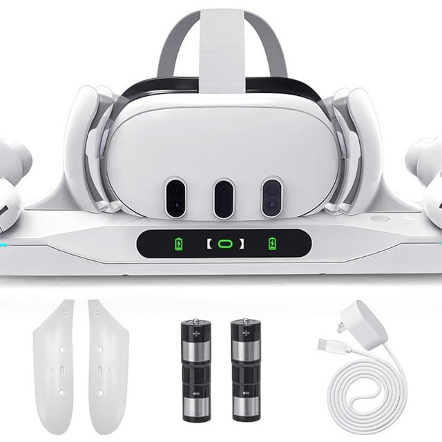 Lampelc Charging Dock for Meta Quest 3, Auto-Clamping Fast Charging Station VR Charger Stand for Headset Controllers Accessories, with 2 Rechargeable Batteries, LED Display