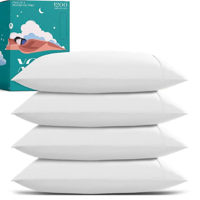 XOOX Linen 100% Egyptian Cotton King Pillow Cases Set of 4 - Luxury 1200 High Thread Count Cotton Standard Pillowcases (White), Silky Soft, Cooling, Breathable, Sateen Hotel Quality Pillow Cover