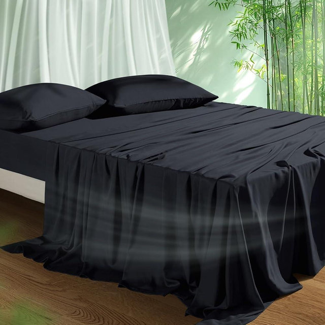 Cooling Sheets Set Queen Size, Viscose Derived from Bamboo for Hot Sleepers | Deep Pocket Up to 16 Inch | Silky Soft & Breathable Bedding - 4PC (Queen, Black)