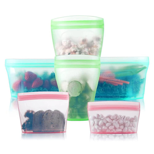 Reusable food container silicone bag, Upgrade second generation 6 Pcs Containers Storage, 100% Silicone Reusable Food Bag, Stand Up Preservation Bag, Rounded interior for easy cleaning.