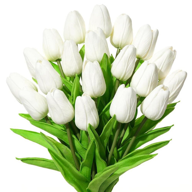 BLISOUL Real Touch Artificial Tulips, 20pcs Fake Tulip Flowers Stem, PU Faux Tulips 13.5” for Mother's Day, Home Decor, Wedding, Easter Valentine's Gift, Table Centerpieces, Floral Arrangements, White