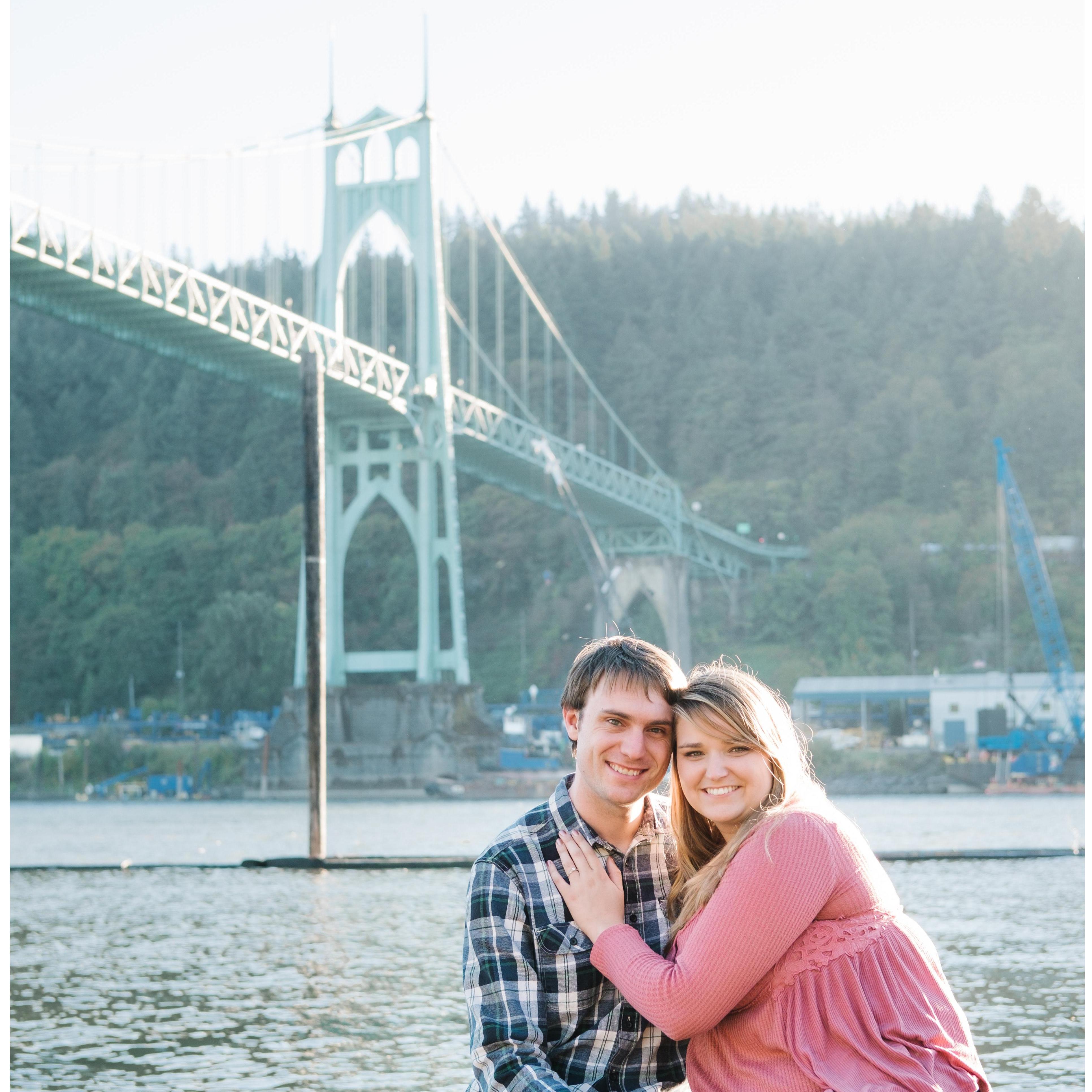 In Portland at Cathedral park in front of St. John's Bridge along the Willamette River.