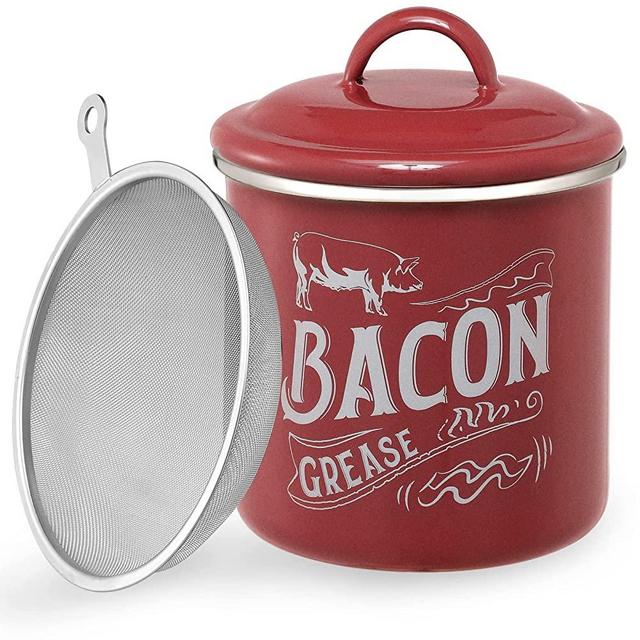 [ Larger Capacity ] Bacon Grease Container with Fine Strainer and Lid - 38 OZ Enamel Bacon Grease Keeper Can for Bacon Fat Dripping - Farmhouse or Kitchen Gift & Decor, Bacon Cooker Accessories