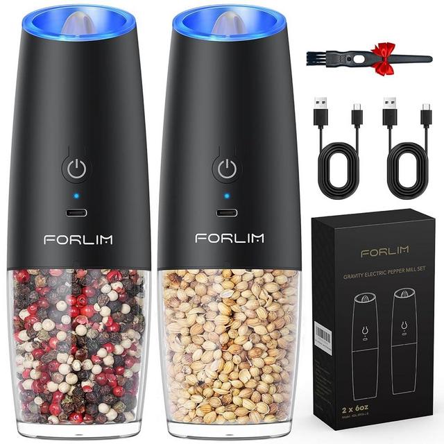 FORLIM Gravity Electric Salt and Pepper Grinder Set, USB Rechargeable Automatic Salt Pepper Shakers Mill, One-Click Grinding One Hand Operated Adjustable Coarseness Pepper Mill Set(Black)