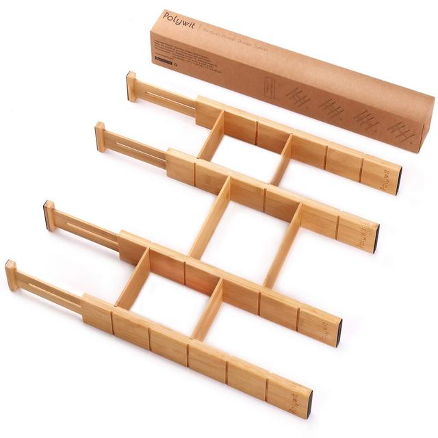 Bamboo Drawer Dividers System with 6 Inserts, Adjustable Drawer Organizers, Perfect Expandable Organization for Kitchen, Office, Dressers and Bathroom, 4-Pack (17-22 in)