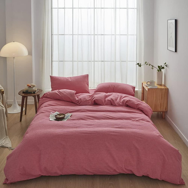 FACE TWO FACE Bedding Duvet Cover Set100% Washed Cotton Duvet Cover Linen Like Textured Breathable Durable Soft Comfy (King, Red)