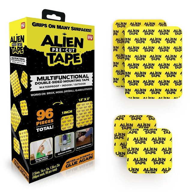 Alien Tape Pre Cut 96 Piece Set Double Sided Tape Multipurpose Removable Adhesive Transparent Grip Mounting Strips Washable Strong Sticky Heavy Duty for Carpet and Crafts