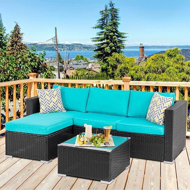 Walsunny Outdoor Furniture Patio Sets,Low Back All-Weather Small Rattan Sectional Sofa with Tea Table&Washable Couch Cushions Upgrade Wicker Black Rattan 3-Piece Blue