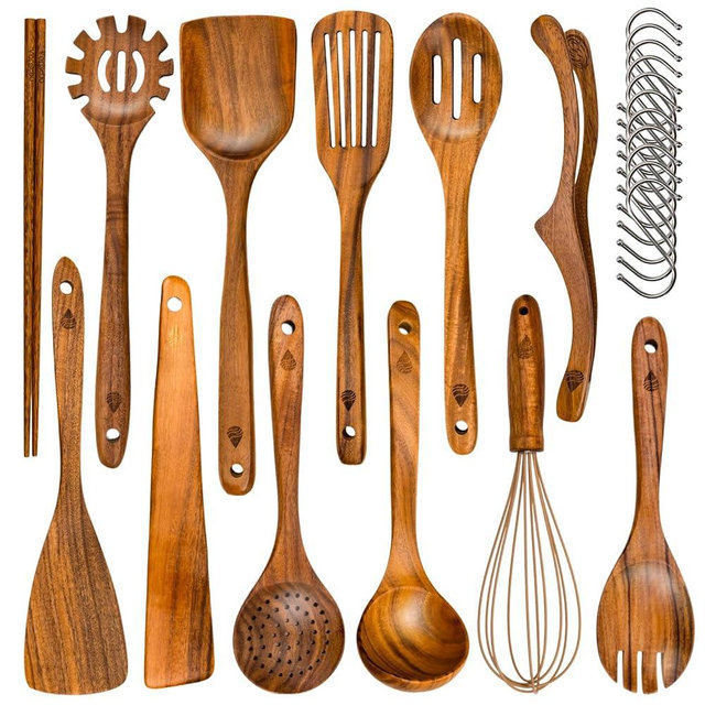 Vorisebo 12 Piece Wooden Spoons for Cooking, Natural Teak Wooden Utensils Set, Nan-Scratch Wood Cooking Utensils Set with Hooks, Durable Heat Resistant Wood Kitchen Tool for Nonstick Cookware