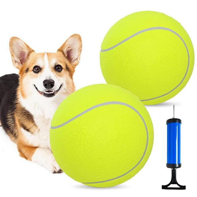 Pomeat 2 PCS Gaint Tennis Ball for Dogs, 9.5" Inflatable Large Tennis Balls Pet Chew Toy, Inflatable Rubber Non-Toxic Pet Toy Balls with Pump & Needle for Small/Medium/Large Dogs