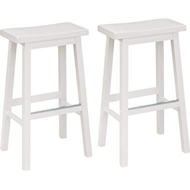 AmazonBasics Classic Solid Wood Saddle-Seat Kitchen Counter Stool with Foot Plate 29 Inch, White, Set of 2