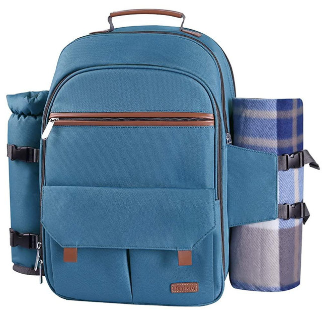 Sunflora Picnic Backpack for 4 Person Set Pack with Insulated Waterproof Pouch for Family Outdoor Camping(Light Blue)