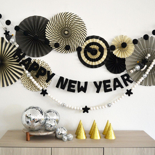 Happy New Year Banner | New Years Eve Party Decor | Disco Balls Stars and Party Hats | New Years Garland | New Years Party Decorations | NYE