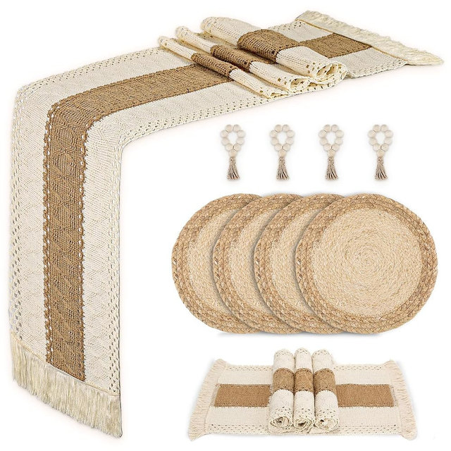 Placemats Set of 4 with Charger Plates Table Mats Table Runner and Napkin Rings,Made of Natural Cotton Burlap and Corn Husk,Non-Slip Heat-Resistant Boho Fall Placemats for Dining Table Décor