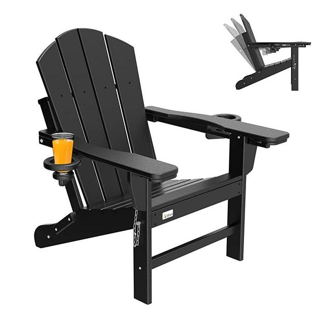 MDEAM Folding Adirondack Chair Adjustable Backrest with 2 Cup Holder, Fire Pit Chairs,HDPE All Weather for Patio Lawn Outdoor,Black