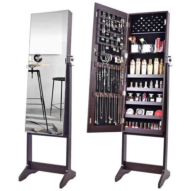 OUTDOOR DOIT Jewelry Organizer Jewelry Cabinet Standing Jewelry Box with Full Body Mirror and Large Storage Lockable Wooden Cabinet (Brown)