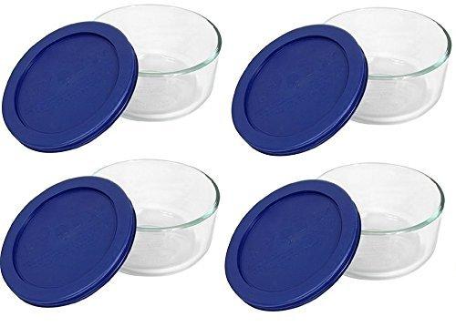 Pyrex Storage 4 Cup Round Dish, Clear with Blue Lid, Pack of 4 Containers