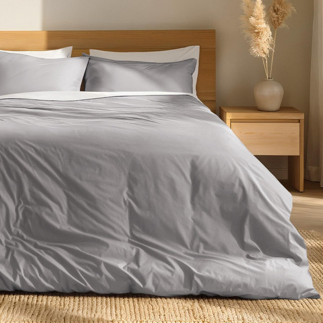 100% Organic Cotton Percale Cooling Duvet Cover & Sham Set by Bare Home - Queen, Light Grey