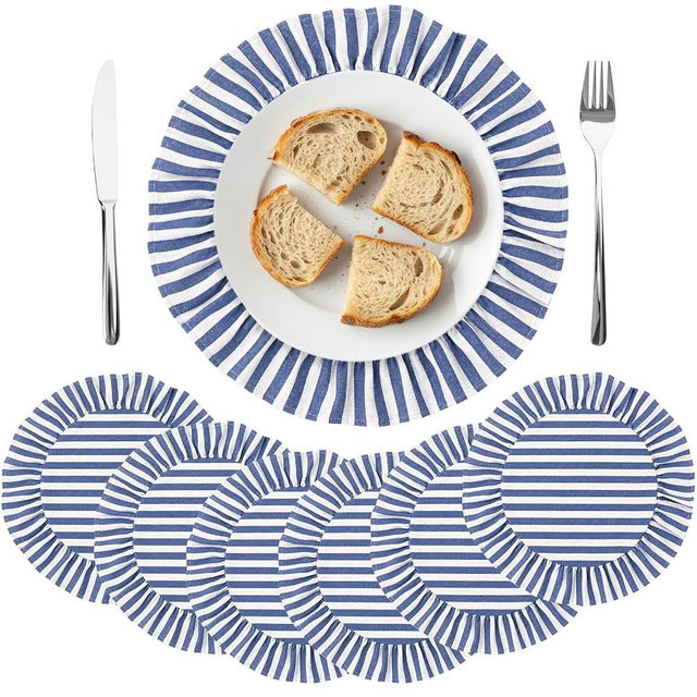 Yiyiring Set of 6 Blue and White Placemats Round Costal Patriotic Striped Ruffled Table Placemats 15 Inch Fabric Vintage Farmhouse Boho Circle Mat for 4th of July Summer 250th Annivesary Decorations