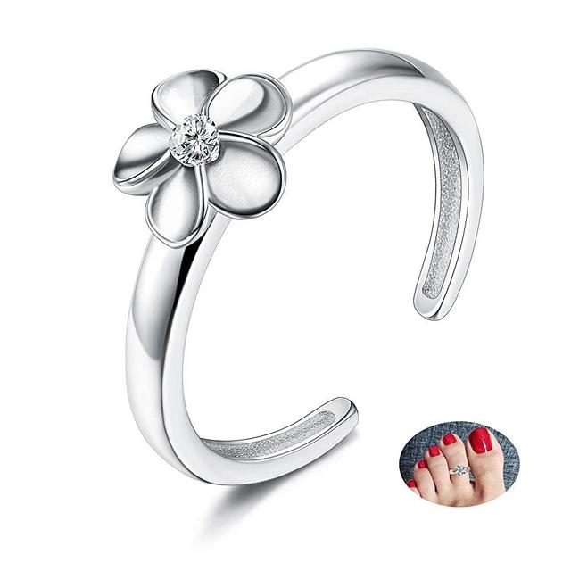 Sllaiss 925 Sterting Silver Open Toe Ring for Women Girls Teens Flower Adjustable Toe Ring Hypoallergenic CZ Rings Simple Open Thin Band Ring Tail Ring Foot Jewelry
