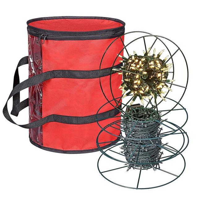 ProPik Christmas Light Storage Bag | Holiday Light Storage Organizer with 3 Metal Reels for Tree Lights & Extension Cords Constructed of Durable 600D Oxford Material with Clear PVC Window (Red)