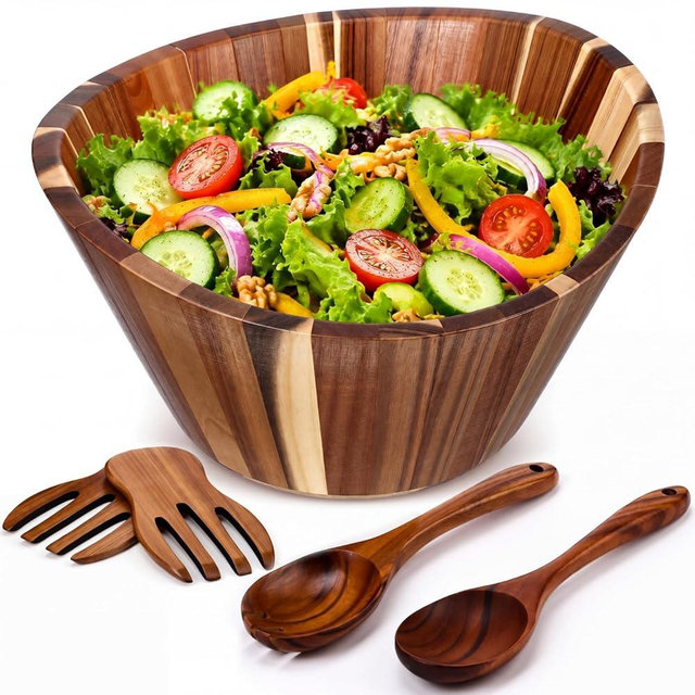 LemonRoad Wooden Salad Bowls Set 12 inch Wavy Large Acacia Wood Serving Bowl with 2 Wooden Hands 2 Utensils Fork Spoon for Fruit, Salad, Cereal, Corn flake, Pasta, Food (Wavy)