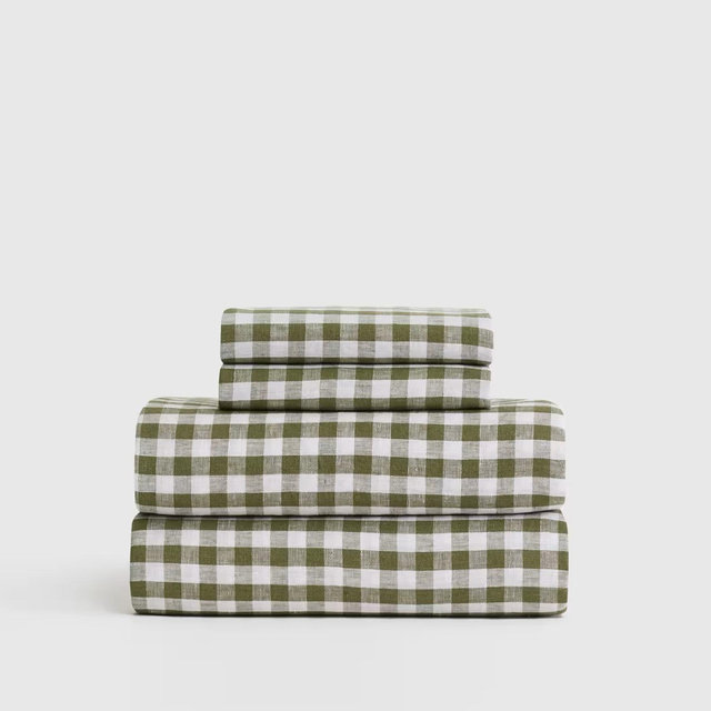 Olive Gingham European Linen Sheets | King Size