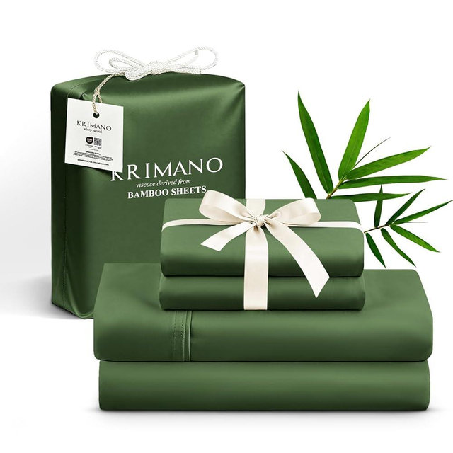 KRIMANO Queen Size Sheet Set, Viscose Bamboo Sheets for Bed Set 4pcs, 100% Viscose Derived from Bamboo, Hotel Luxury Silky & Cooling for Hot Sleepers, Deep Pocket Up to 17", Olive