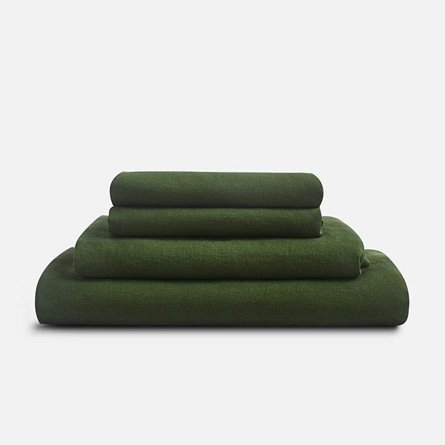 Sijo Premium Stone Washed 100% French Linen Bed Sheet Set, Small Batch Sourced from Normandy, Breathable and Durable, 4pc Set - 2 Pillowcases, 1 Fitted and 1 Flat (Forest, Queen - Complete 4 Piece)