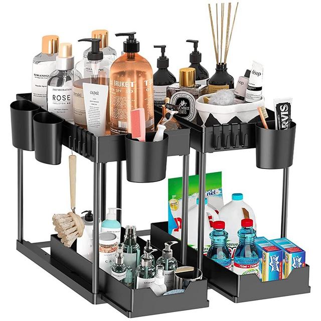 Stackable Under Sink Organizers and Storage - DILEASIR Upgraded 12in Heightened Sticks 2 Tier Under Sink Organizer with 4 Hanging Cups, 8 Dust Plugs, 8 Hooks, Multi-function Storage, Black, 2 Pack