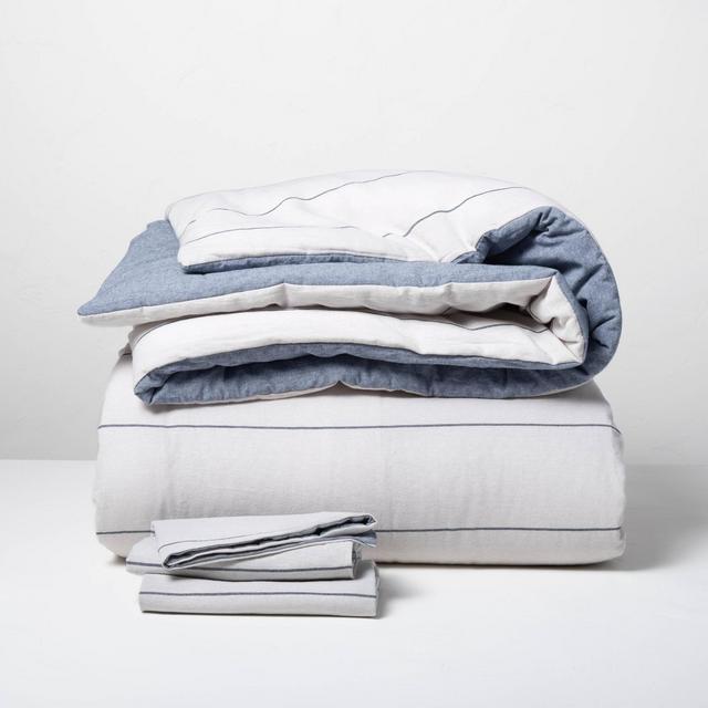 3pc Full/Queen Stripe with Chambray Backing Comforter & Sham Set Faded Blue - Hearth & Hand™ with Magnolia