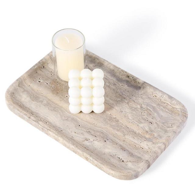 Karibiber Marble Vanity Trays, Travertine Bathroom Tray, Decorative Tray for Dresser Countertop, Grey Stone Serving Holder for Kitchen, Storage Trays for Perfume, Jewelry Candle Organizer